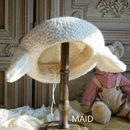 sboy Hats Original design sheep ear plush beret lamb wool Lolita hand made 230729