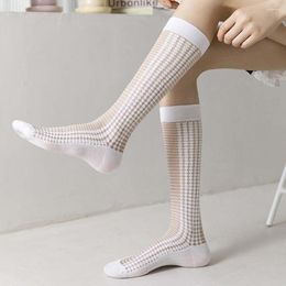Women Socks Elastic Stripe Hosiery Glass Silk Streetwear For Girls JK Stockings Long Korean Knee Lolita Sock