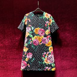 2023 Summer Black Floral Print Dress Short Sleeve Round Neck Beaded Knee-Length Casual Dresses A3Q122218