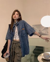 Women's Jackets Fat Sister Spring Clothes 2023 All-Match Polo Neck Short-Sleeved Denim Shirt Coat Women Thin Summer Folded Wear Top Solid