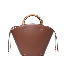 2023 New Genuine Leather Large Bucket Bag Charcoal Retro Women's Bamboo Knot Handle Handbag Women's Bag