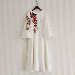 Casual Dresses Beige Flare Sleeve Luxury Ball Gown Dress Summer Flower Embroidery Elegant Lady Formal Office Clothes