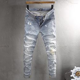 Men's Jeans Street Fashion Men Retro Light Blue Elastic Stretch Slim Fit Ripped Painted Designer Hip Hop Denim Pants Hombre