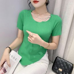 Women's T Shirts Style Sexy Chain Slim Diamond-studded Top Irregular Hem Short-sleeved T-shirt