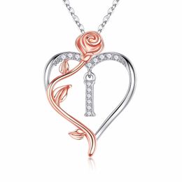 Iefil Rose Heart Necklaces Gifts for Women,925 Sterling Silver Rose Love Heart Initial Letter Pendant Necklace Jewellery Mothers Day Valentines D43231