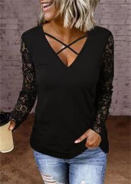 Women's Blouses Women Criss-Cross Lace Splicing Long Sleeve Blouse Slim Tops And Autumn Winter Y2K Sexy Elegant Shirts Female