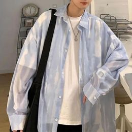 Men's Casual Shirts Y2k See-through Lapel Top Trendy High Street Loose Chiffon Shirt Thin Section Oversized Long-sleeved Coat