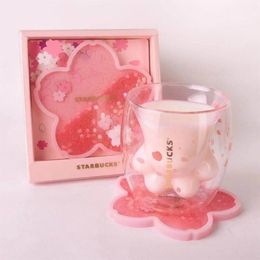 Limited Edition Starbucks Cute Cat Foot Mugs with Coaster Cat-claw Coffee Mug Toys Sakura 6oz Pink Double Wall Glass Cups267s