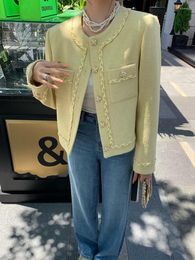 Women's Jackets Designer Women Pink Tweed Jacket O Neck Slim Fit French Style Elegant Ladies Flower Buttons Coat Spring Party Yellow