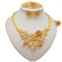 Necklace Earrings Set Fine India Stones Leaf Earring Ring Bracelet Sets For Women African Bridal Wedding Gifts Gold Color Big