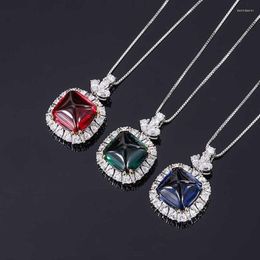 Chains Elegant 14 14mm Lab Created Sugar Tower Ruby Sapphire Emerald Pendant Necklace For Women Silver S925 Original Anniversary Gift
