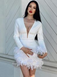 Casual Dresses Luxury 2023 Women's Feather Mesh Patchwork Party Evening Elegant Sexy Deep V-neck Long Sleeve Tunics Short White Dress