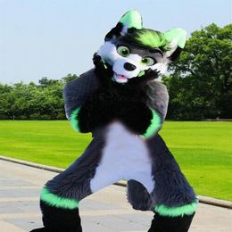 Husky Dog Fox Mascot Costume Fursuit Halloween Fancy Dress-up Suit Green and Dark Furry Outfit Long Fur272A