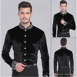 2018 Latin Dance Top Man 165-180cm Ballroom Dance Shirt Black Spandex Velvet Drill Men Dance Shirt Tango Cha Cha Rumba Dancewear293i