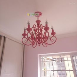 Chandeliers Modern Iron Art Candle Lamp Bedroom Chandelier Pink Girl Warm Romantic Wedding Decoration Lights Kids Room Led