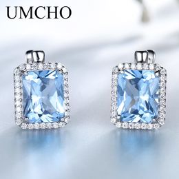 Ear Cuff UMCHO Luxury Nano Sky Blue Topaz Gemstone Clip On Earrings Jewellery Solid 925 Sterling Silver Earrings For Women Birthday Gift 230728