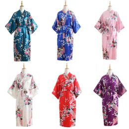 Ethnic Clothing 15Color Women Japanese Style Kimono Yukata Sleep Wear Peacock Satin Thin Long Nightgown Robes Traditional Adult Lo286m
