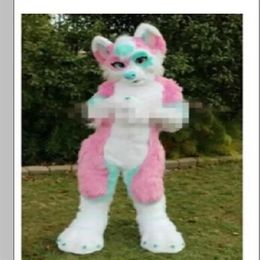 2022 Profession made Pink Long Fur Furry Fox Wolf Husky Dog Mascot Costume Fursuit Adult Cartoon Christmas party2673