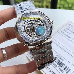 New Sport 5713 1 5711 1A White Skeleton Dial HK 4813 Automatic Mens Watch Big Diamond Bezel Stainless Steel Bracelet PPHW Watches 270d