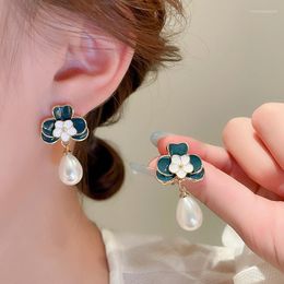 Stud Earrings Ajojewel Elegant Dark Blue Flowers Waterdrop Pearl Jewellery Gift Women