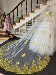 Bridal Veils GY Gorgeous Gold Applique Veil Romantic Cathedral Wedding Luxury 1 Tier Accessories With Comb 3m Width
