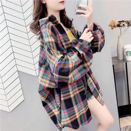 Women's Blouses Vintage Checkered Shirt Long Sleeve Mid-Length Model Clothes For Women Loose Elegant Youth Woman Stylish Top