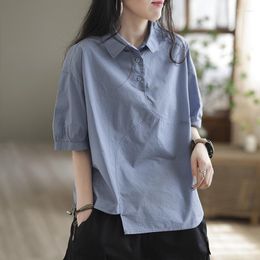 Women's Blouses 2023 Women Cotton Shirts Summer Mori Girl Style Solid Colour Asymmetric Shiring Turn-down Collar Loose Female Tide Tops Wild