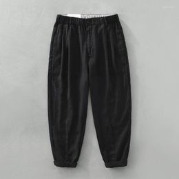 Pantaloni da uomo giapponese vintage puro lino casual streetwear vestibilità ampia vita elastica per comodi pantaloni dritti neri cachi