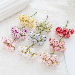 Decorative Flowers 6pcs/bouquet Artificial Diy Rose Silk Flower Bud Bouquet Mori Style Headdress Decoration Material Wedding Candy Box