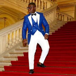 Men's Suits Royal Blue Slim Fit African For Men With Notched Lapel 3 Piece Wedding Groom Tuxedo Man Set Jacket Vest White Pants