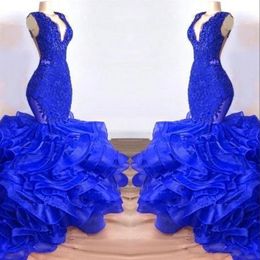Royal Blue V Neck Lace Long Mermaid Prom Dresses 2019 Organza Layered Ruffles Sweep Train Formal Party Evening Gowns202I