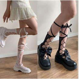 Women Socks White Lolita Cross Strap Summer Thin Women's Calf Japanese Style Students JK Leg Beauty Tube Mesh Stockings