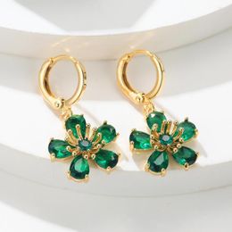 Hoop Earrings Charm Plant Flower For Women Gold Colour Pear Cut Green Stone Wedding Long Ear Buckle CZ Engagement Party Jewellery