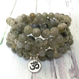 MG0584 Natural Labradorite 108 Mala Women's Necklace 8 mm Gemstone Ohm Charm Bracelet Personal Power Yoga Bracelet241R