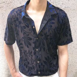 Men's Casual Shirts Summer Transparent Short Sleeve Sexy Shirt Top Flowers Red Pattern Velvet Blouse Social Club Outfits Party