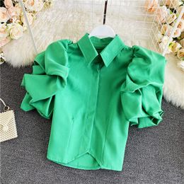 Women's Blouses Summer Designer Temperament Elegant Retro Court Style Puff Sleeve Top Lapel Foreign Slim Short Shirt Clothing