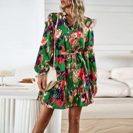 Casual Dresses V-neck Printed Long-sleeved Shirt Dress Female 2023 Autumn And Winter Temperament Elegant Short Skirt Bohemian Commuter