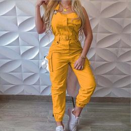 Women's Jumpsuits Rompers Women's Cargo Playsuit Sleeveless O-Neck Jumpsuit with Pocket and Belt Elegant Pencil Pants Loose Coat Casual Jumpsuit S-3XL 230728