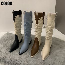Boots Western Cowboy Boots Ladies Vintage Pointed Toe Denim Winter Women Knee High Boots Long Slip On Pleated Shoes Female 230729