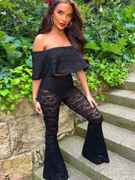 Women's Two Piece Pants Set Women See Through Black Goth Outfits Sexy Slash Neck Crop Top High Waist Flare 2023 Summer Grunge Clothes