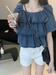 Women's Blouses Onalippa Multi Ruffles Denim Women Shirt Slash Neck Short Sleeves Vintage Blouse Korean Back Elastic Chic Design Loose Tops