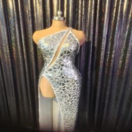 Stage Wear Silver Inclined Shoulder Sexy Backless High Slit Shining Mirror Sequins Dress For Women Celebrity Party Clothing Singer2196