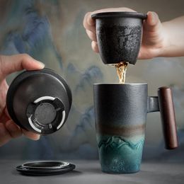 Tumblers Handmade Ceramic Coffee Tea Mug Large Strainer Creative Retro Traditional Cup Pottery Business Gift Set 230729