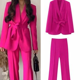 Women s Two Piece Pants TRAF Women 2023 Elegant Blazer Suits Sets Fashion Long Sleeve Jacket With Belt Solid High Waisted Baggy Wide Leg 230728