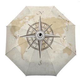 Umbrellas Compass Nautical Map Scale Letters Sailboat Automatic Eight Bone Foldable Rain Umbrella Wind Resistance Outdoor Bumbershoot