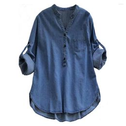 Women's Blouses Women Solid Colour Denim Shirt Loose Fit Blouse Stylish Small Stand Collar V-neck Buttons Long