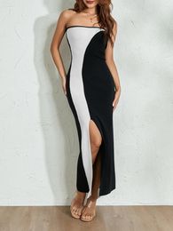Casual Dresses Wsevypo Vintage Colour Block Knitted Bodycon Long Dress 2023 Summer Women Off-Shoulder Strapless Slit Tube For Party Beach
