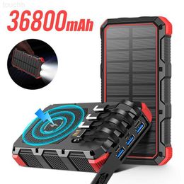 Cell Phone Power Banks 36800mAh Solar Power Bank Wireless Charging Poverbank Built in Cable for Xiaomi Samsung iPhone 14 X Powerbank with Light Battery L230728