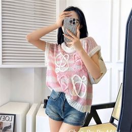 Women's Sweater Short Sleeve Knitted Pullovers Luxury Spring Autumn Striped Hollow Out Crochet Loose Female Mohair H022 230729