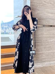 Casual Dresses Sevenfold Sleeve Shirt Dress Oversized Black Vintage Floral For Women Spring Autumn Elegant Clothing 2023